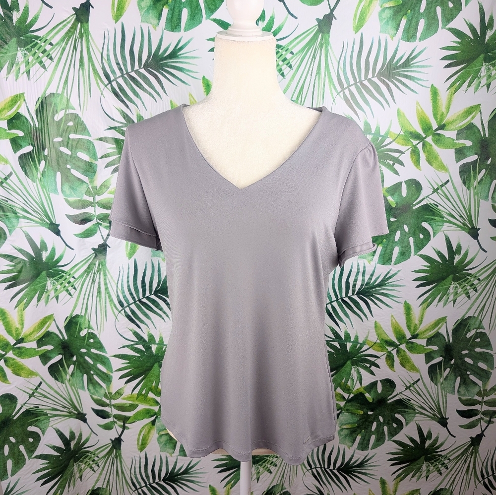 NWT Calvin Klein Gray V-Neck Double Tiered Sleeved Blouse (Size: Large) - Picture 1 of 13